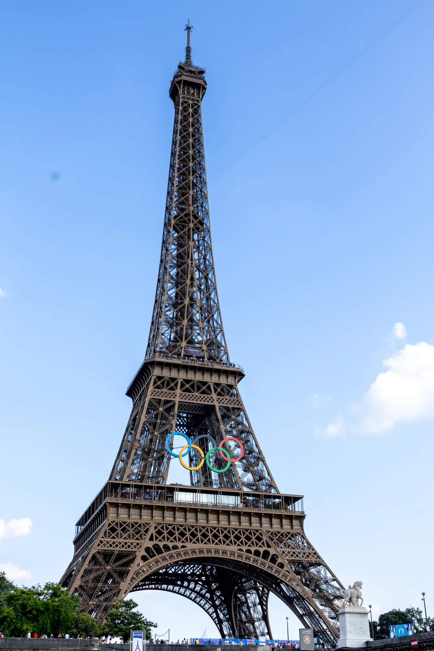 The Eiffel Tower outfitted with Olympic rings for the summer Games.