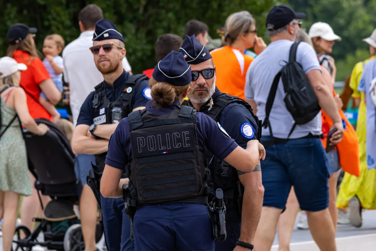 Three French gendarmes in uniform near Vaires-sur-Marne.